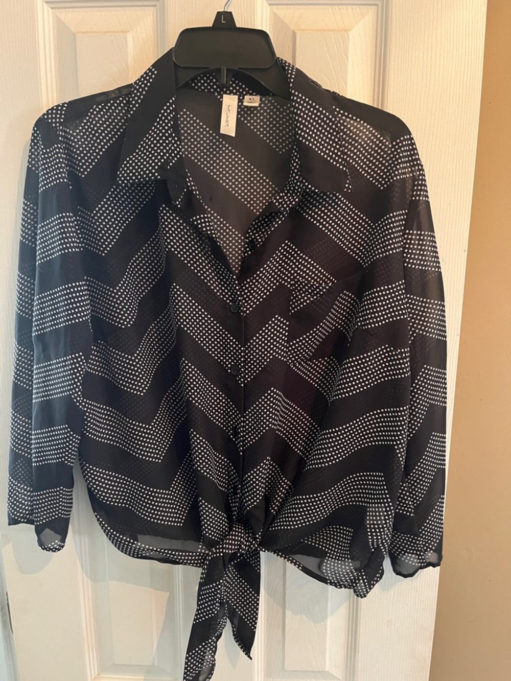 Tacera Black and White Chevron Dot Tie-Front Button Down Blouse